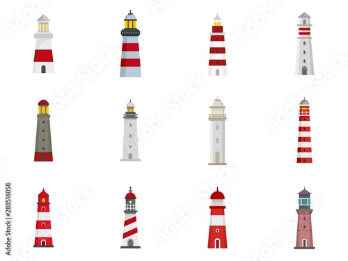 Lighthouse icon set. Flat set of lighthouse vector icons for web design
