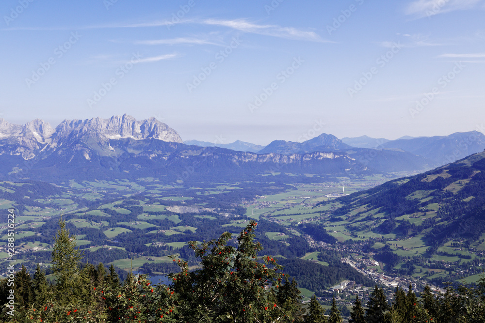 Panoramic view over Kitzbuhel, Austria from the Hahnenkamm to the wilder kaiser mountain