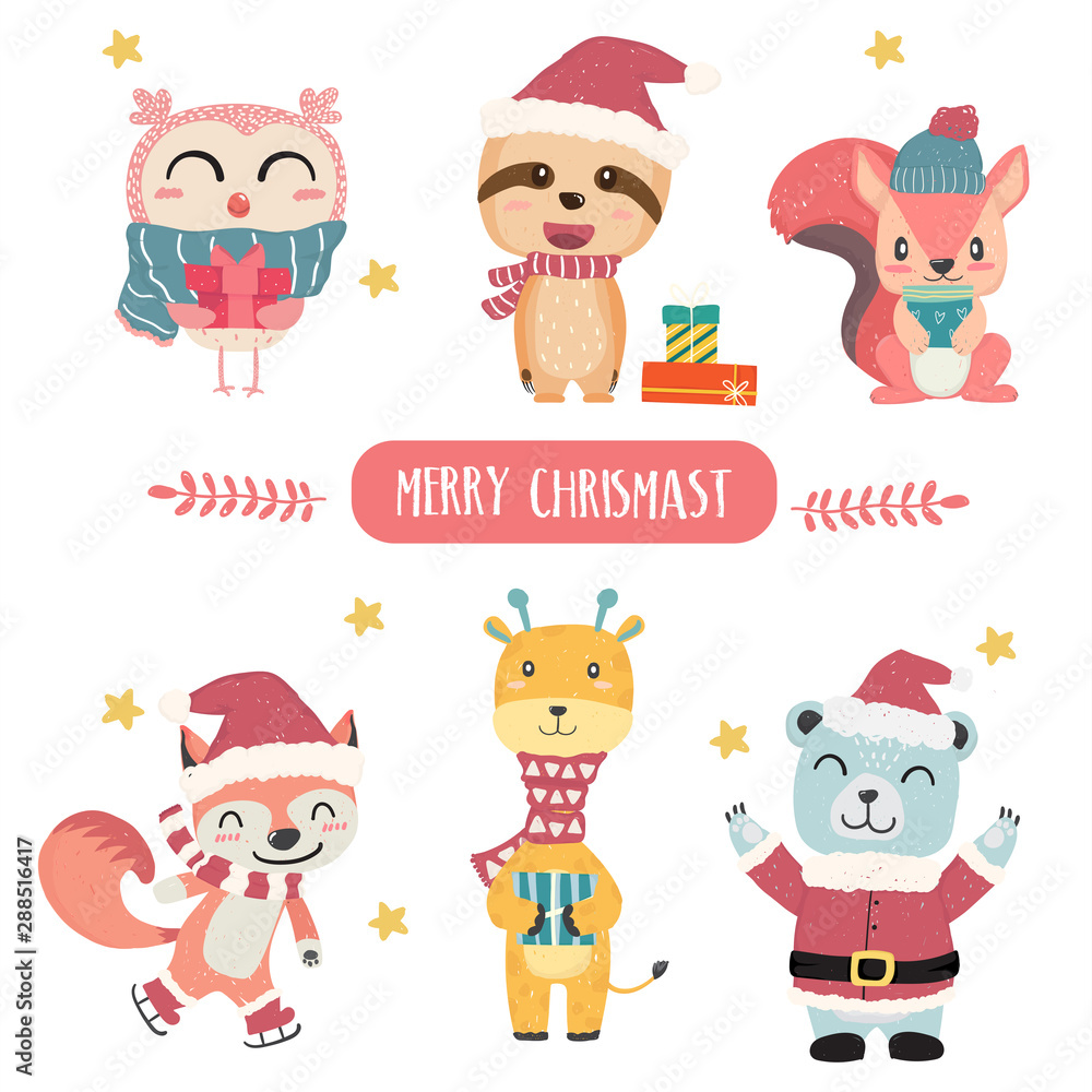 Cute happy pastel animal in Merry Christmas theme collection flat vector