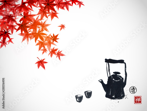 Traditional Asian tea ceremony. Teapot and cups under red japanese maple branches on white background. Traditional Japanese ink wash painting sumi-e. Hieroglyphs - zen, clarity