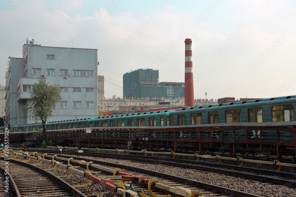 Fototapeta premium The territory of the Severnoe electric depot for the maintenance and repair of trains and cars of the city metro. Moscow, Russia