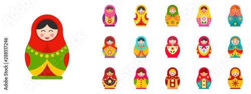 Nesting doll icon set. Flat set of nesting doll vector icons for web design