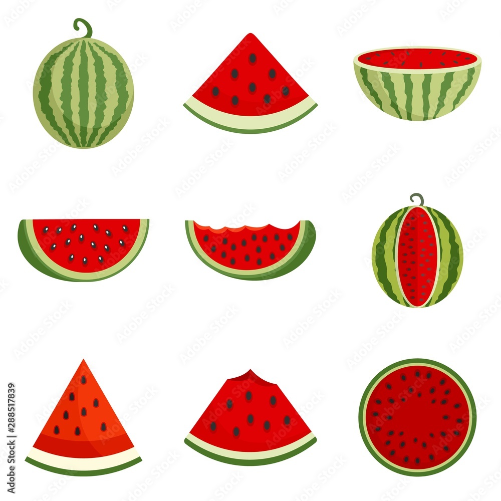 Watermelon icons set. Flat set of watermelon vector icons for web design Watermelon icons set. Flat set of watermelon vector icons for web design
