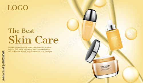 Floating skincare products with bubbles and abstract lines on light background