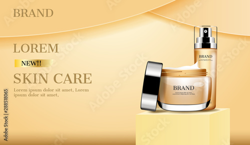 Opened cream and serum on stand with beige background