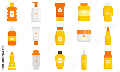 Cosmetic sun protection icon set. Flat set of cosmetic sun protection vector icons for web design