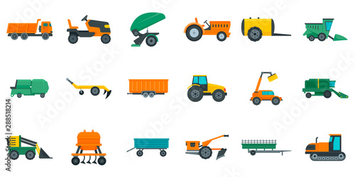 Agricultural machines icons set. Flat set of agricultural machines vector icons for web design