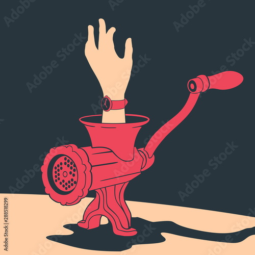 Illustration Vector Hand Of A Man In A Meat Grinder