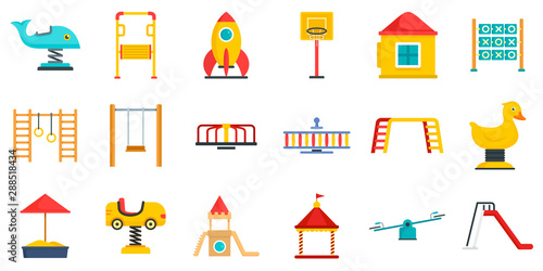 Kid playground icon set. Flat set of kid playground vector icons for web design