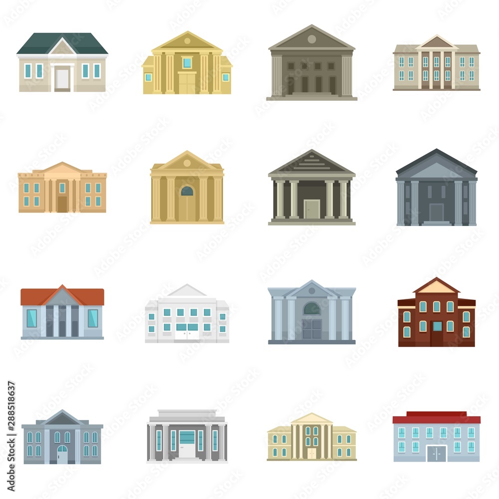 Courthouse icons set. Flat set of courthouse vector icons for web design