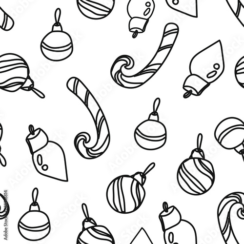 Vector pattern contour drawing of Christmas balls and candy cane toys with stripes. Hand drawn isolated on a transparent background.