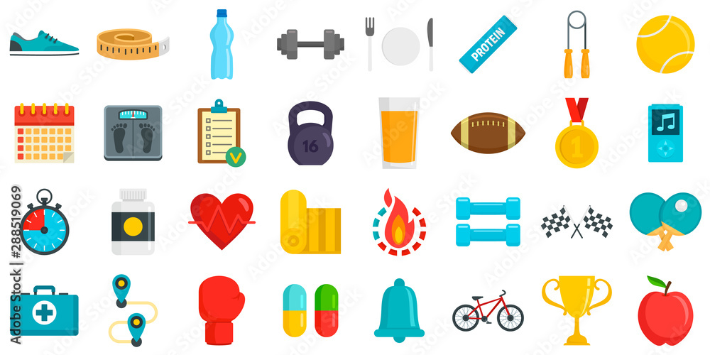 Apps for fitness icons set. Flat set of apps for fitness vector icons for web design