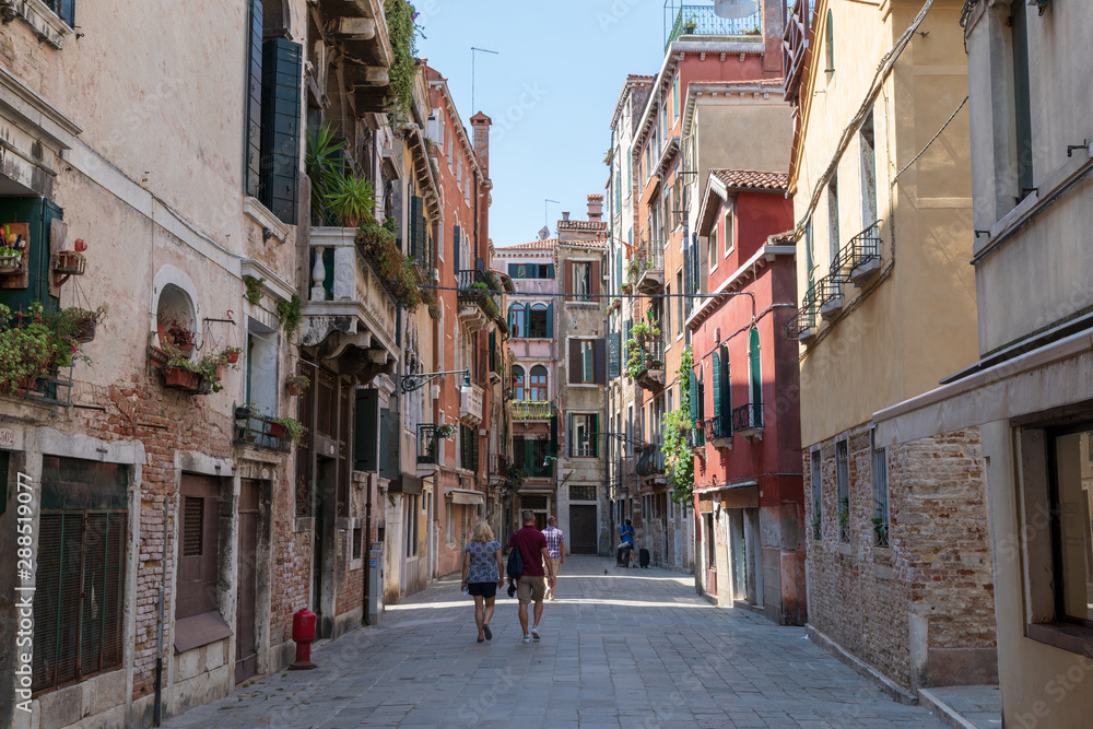 Panoramic view of Venice narrow street with historical buildings