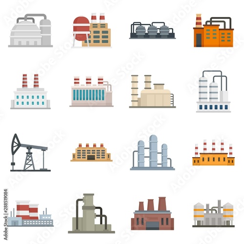 Refinery plant icons set. Flat set of refinery plant vector icons for web design