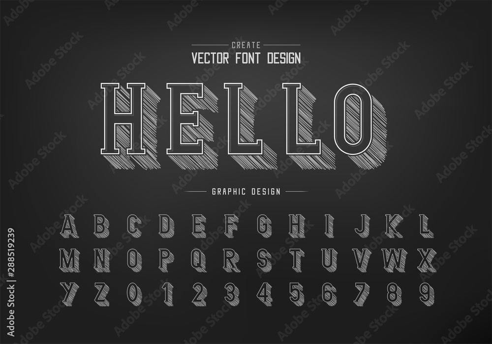 Pencil sketch shadow font and alphabet vector, Chalk writing style