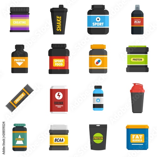 Sport nutrition icons set. Flat set of sport nutrition vector icons for web design
