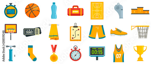 Basketball equipment icons set. Flat set of basketball equipment vector icons for web design