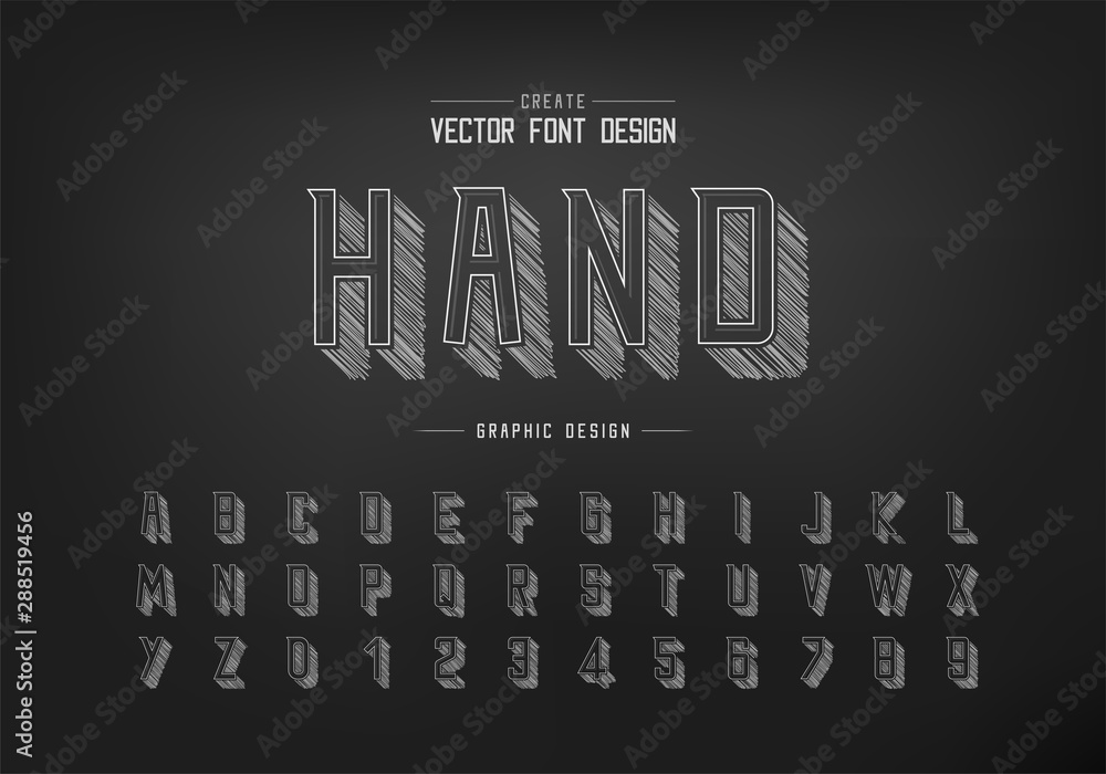 Pencil sketch shadow font and alphabet vector, Chalk modern Typeface and letter number design