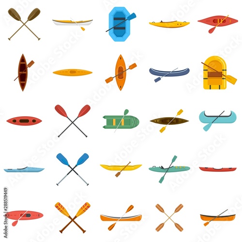 Canoeing icons set. Flat set of canoeing vector icons for web design