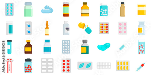 Antibiotic icons set. Flat set of antibiotic vector icons for web design