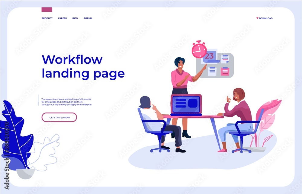 Workflow landing page. Office people team interacting with business dashboard and communicating. Vector illustrations isometric background work organization web page Workflow landing page. Office people team interacting with business dashboard and communicating. Vector illustrations isometric background work organization web page
