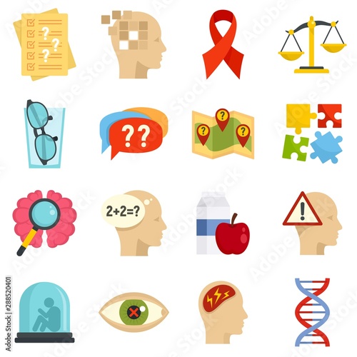 Alzheimers disease icons set. Flat set of alzheimers disease vector icons for web design