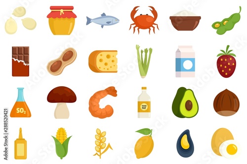 Food allergy icons set. Flat set of food allergy vector icons for web design