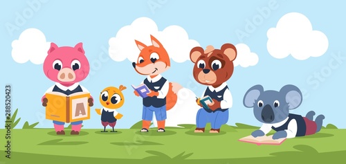 Reading animal characters. Cute cartoon kids characters reading book together. Funny vector illustration educational concept with studying kids collection