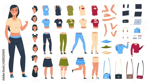 Cartoon character constructor. Woman animation set with body parts collection and different clothes and poses. Vector diy elements stylish fashionable modern girls