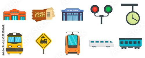 Railway station icons set. Flat set of railway station vector icons for web design