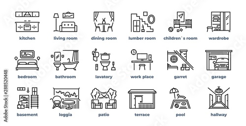Home rooms line icons. Living room bedroom kitchen bathroom simple outline flat pictograms. Vector design home interior furniture set photo