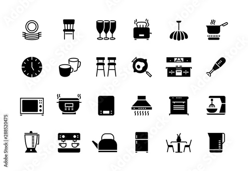 Kitchen black icons. Appliances furniture and utensils for cooking, blender microwave fridge electronic devices. Vector isolated kitchen machine symbol set