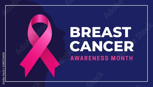 Breast cancer awareness month simple modern poster background design. Pink bow ribbon with woman face silhouette vector illustration graphic template