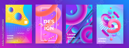Abstract poster. Memphis geometric banners with minimal gradient shapes and liquid elements. Vector trendy design illustration future modern music flyer set