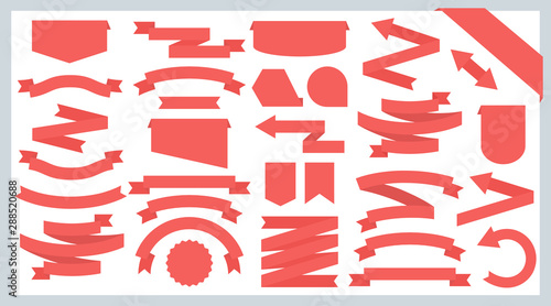 Flat ribbons and badges. Red tapes arrows and banners, emblems and shapes. Vector graphic illustration set of creative isolated design elements