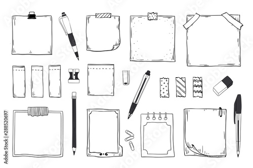 Doodle notes. Diary notebook and paper sheets with pin pen pencil and stationery, hand drawn sticky notes. Vector memo stickers set for image blank post