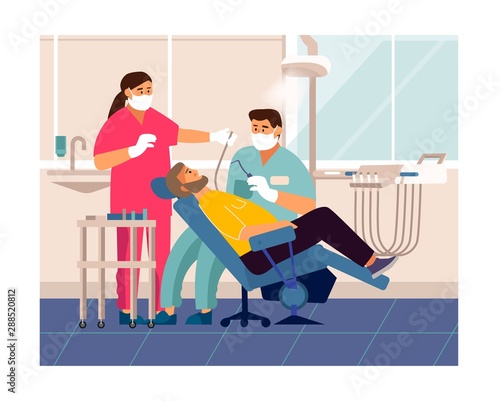 Dentist checkup. Cartoon patient at doctor office lying at dentistry chair, tooth care and examination concept. Vector illustration dentist visit in medicals clinics for cure teeth