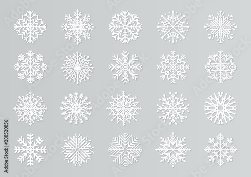 Paper cut snowflakes. White 3D Christmas design templates for decoration and greeting cards. Vector handmade isolated white paper cutout snow elements set