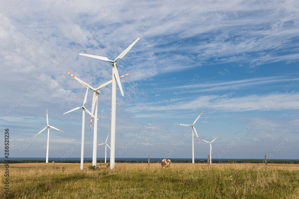 Landscape with mills of the wind power plant on the field under the blue cloudy sky on a sunny day. Landscape with mills of the wind power plant on the field under the blue cloudy sky on a sunny day.
