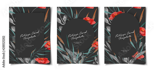 Set of black cover template geometric layout with poppy flower and foliage watercolor decoration design