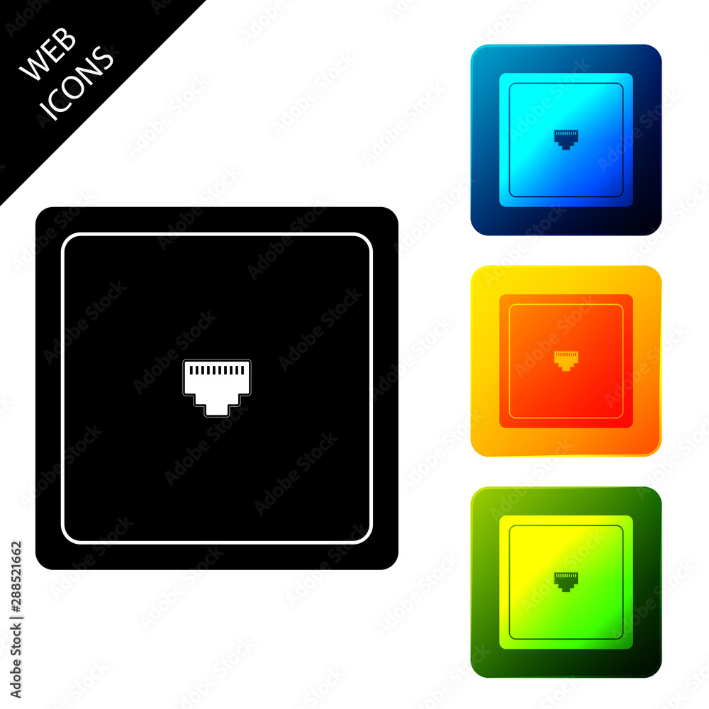 Ethernet socket sign. Network port - cable socket icon isolated. LAN port icon. Local area connector icon. Set icons colorful square buttons. Vector Illustration Ethernet socket sign. Network port - cable socket icon isolated. LAN port icon. Local area connector icon. Set icons colorful square buttons. Vector Illustration