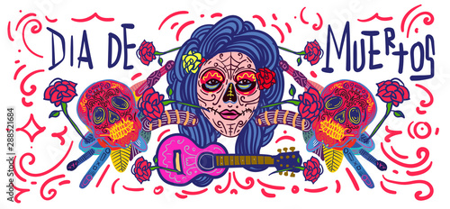 Dia De Muertos Festival Banner Illustration. Doodle Illustration Day of The Dead Mexican Tradition and Religion Festival.