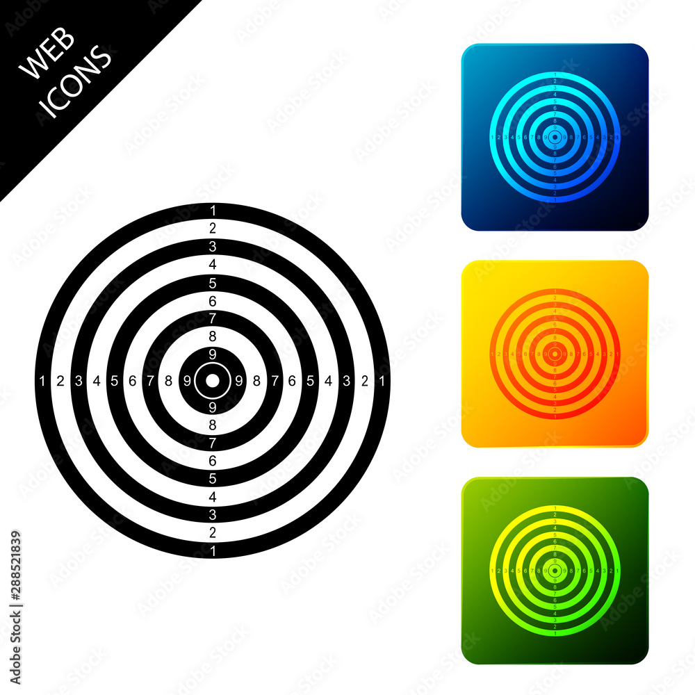 Target sport for shooting competition icon isolated. Clean target with numbers for shooting range or pistol shooting. Set icons colorful square buttons. Vector Illustration Target sport for shooting competition icon isolated. Clean target with numbers for shooting range or pistol shooting. Set icons colorful square buttons. Vector Illustration