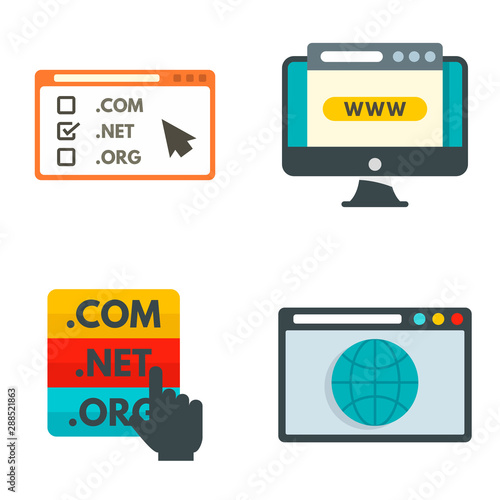 Domain icons set. Flat set of domain vector icons for web design