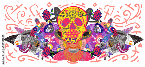 Dia De Muertos Festival Banner Illustration. Doodle Illustration Day of The Dead Mexican Tradition and Religion Festival.