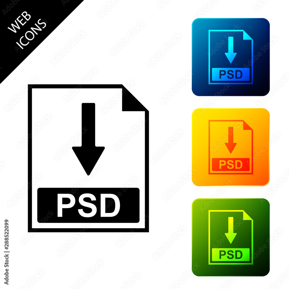 PSD file document icon. Download PSD button icon isolated. Set icons colorful square buttons. Vector Illustration PSD file document icon. Download PSD button icon isolated. Set icons colorful square buttons. Vector Illustration