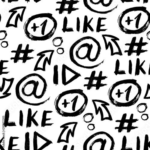 Hand drawn social media seamless pattern with symbols: hashtag, at sign, arrow, plus one comment, play button. Abstract ink grunge style vector wallpaper. 