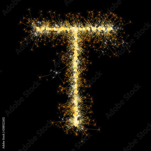Bengal lights golden glittering sparks leters set. Vector shining golden figures of sparkles and stars on black background.