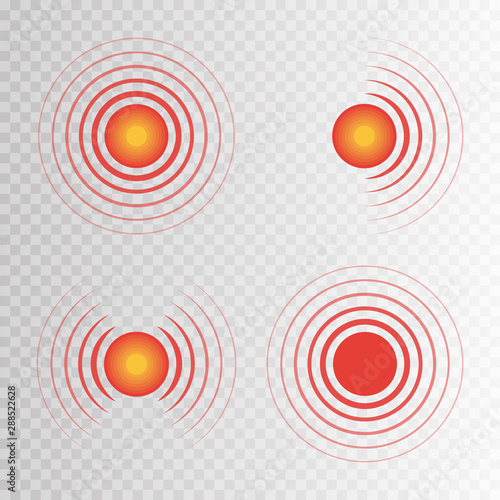 Pain circle red icon set for medical painkiller drug medicine. Body painful spot marks. Flat vector illustration
