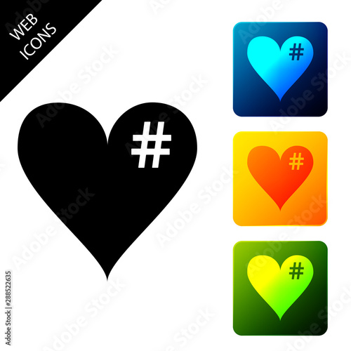 The hash love icon. Hashtag heart symbol icon isolated. Set icons colorful square buttons. Vector Illustration